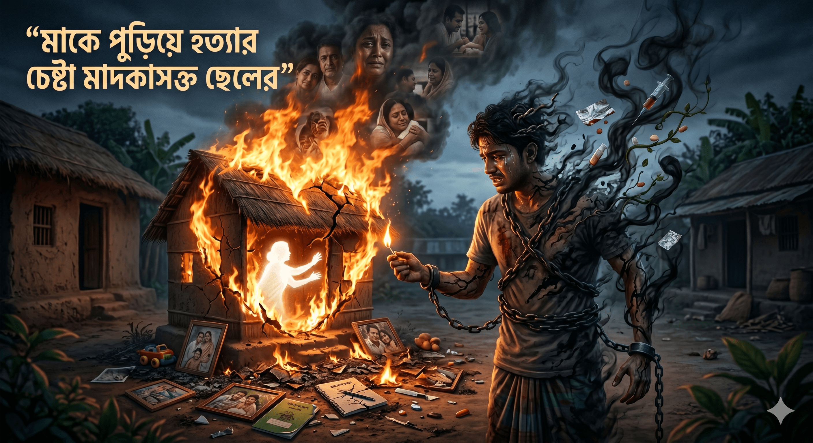 মানবিকতার চূড়ান্ত পতন—মাদকের টাকায় না পেয়ে মায়ের ওপর আগুন, আটক ছেলে!