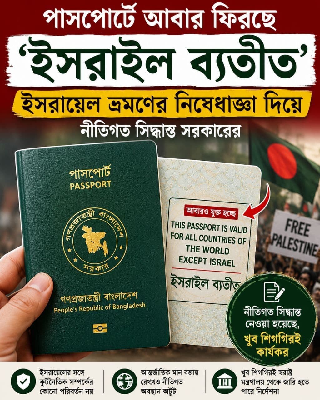 বাংলাদেশের পাসপোর্টে ফিরছে ‘ইসরাইল ব্যতীত’: ফিলিস্তিন প্রশ্নে পুরোনো নীতিতে দৃঢ় অবস্থান